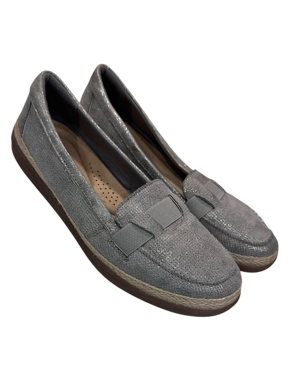 Clarks Collection Women's Elaina Echo Leather Slip-On Flats Shoes Gray Silver 8W